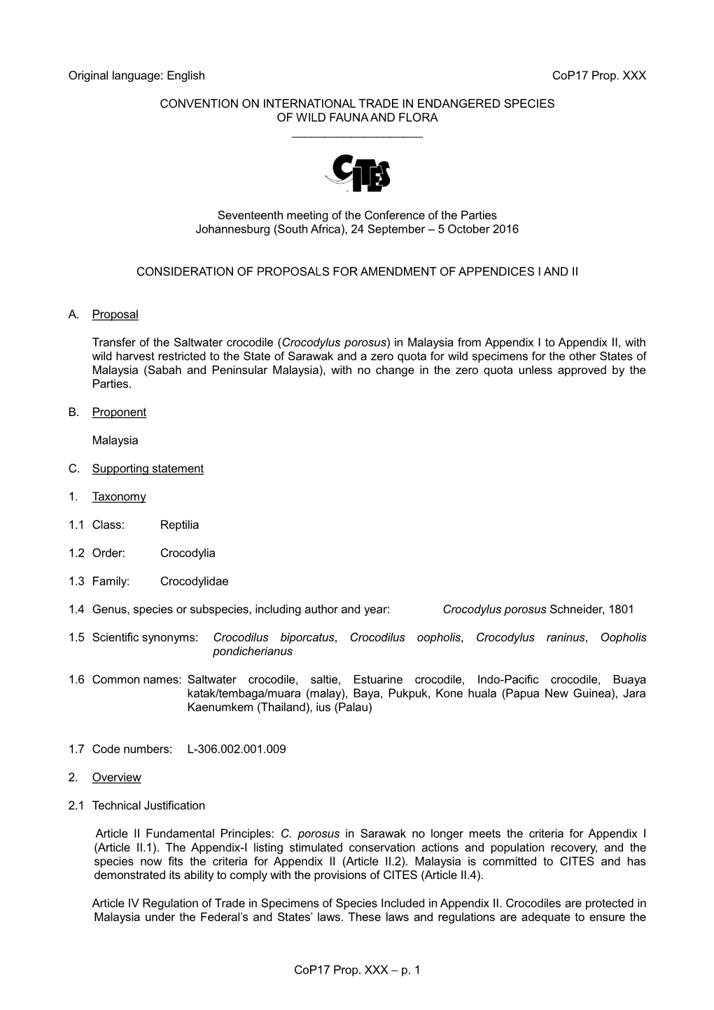 Proposal for Amendment of Appendix I Or II for CITES Cop16