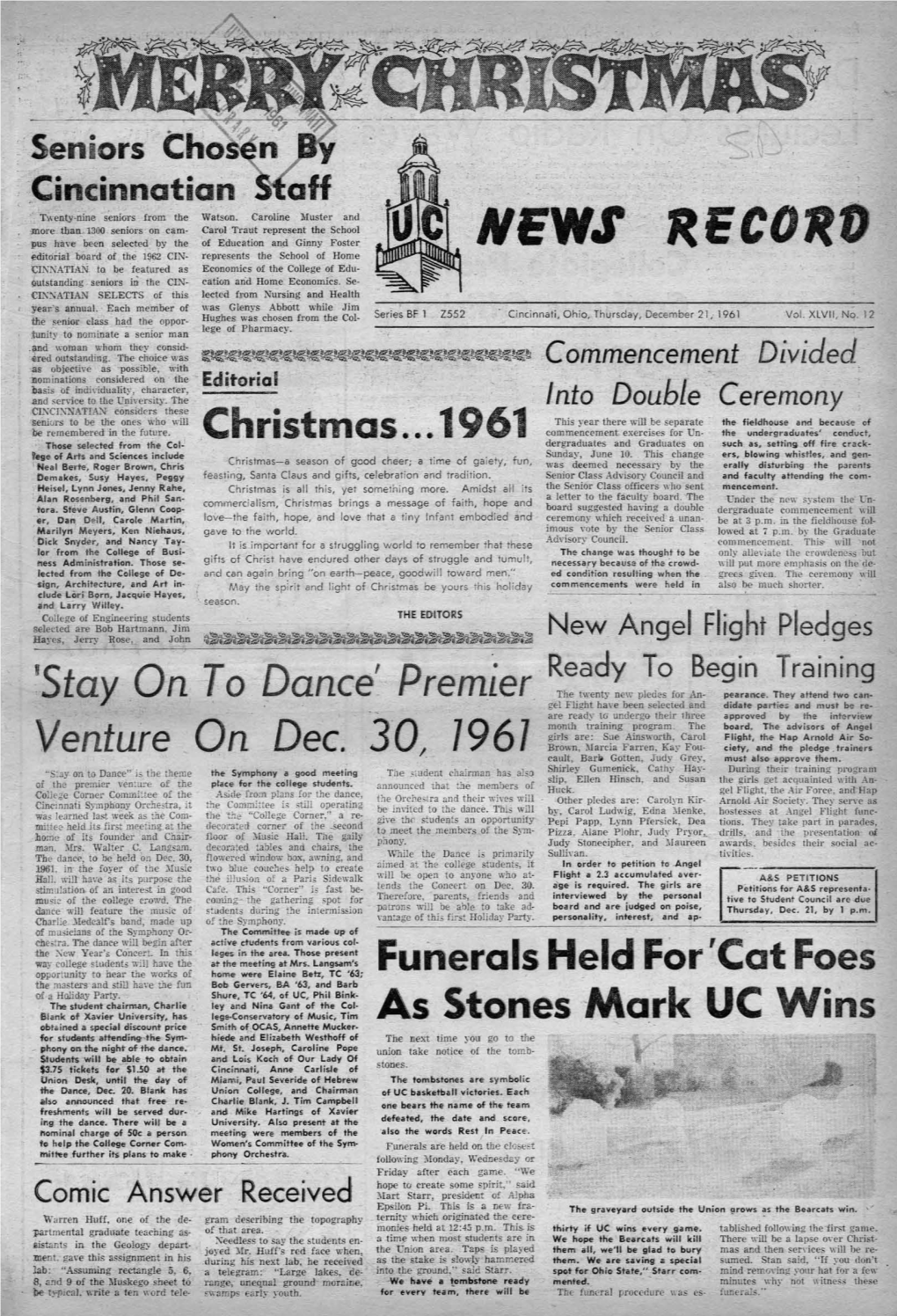 University of Cincinnati News Record. Thursday, December 21, 1961. Vol