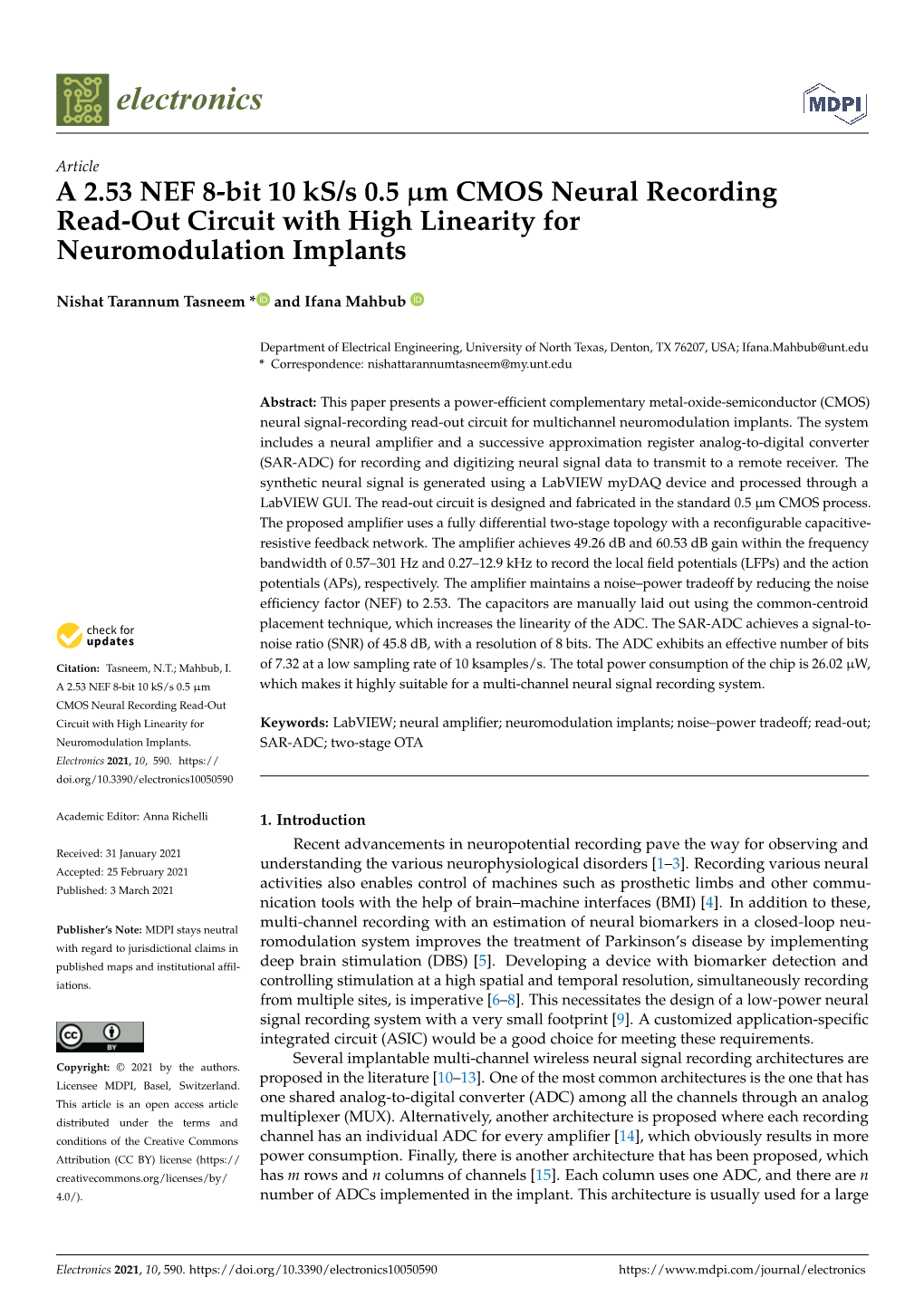 A 2.53 NEF 8-Bit 10 Ks/S 0.5 M CMOS Neural Recording Read-Out