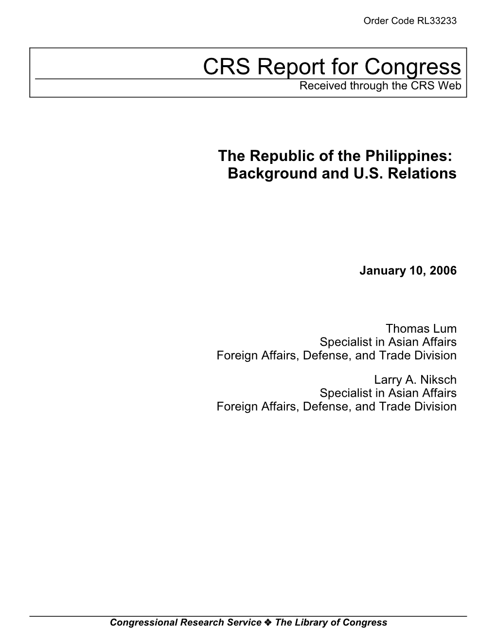 The Republic of the Philippines: Background and U.S. Relations