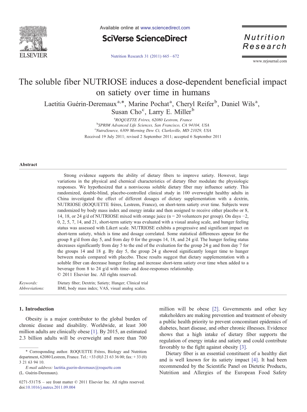 The Soluble Fiber NUTRIOSE Induces a Dose-Dependent Beneficial Impact