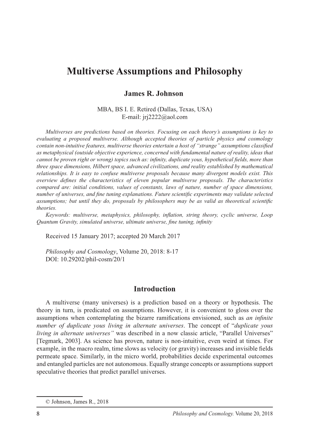 Multiverse Assumptions and Philosophy