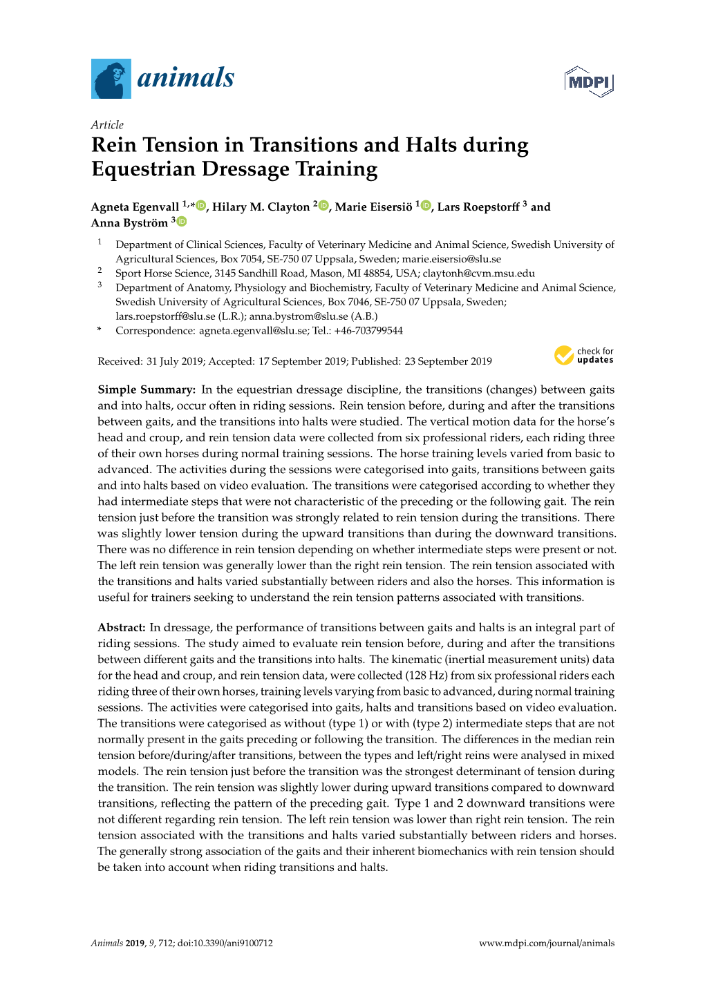 Rein Tension in Transitions and Halts During Equestrian Dressage Training