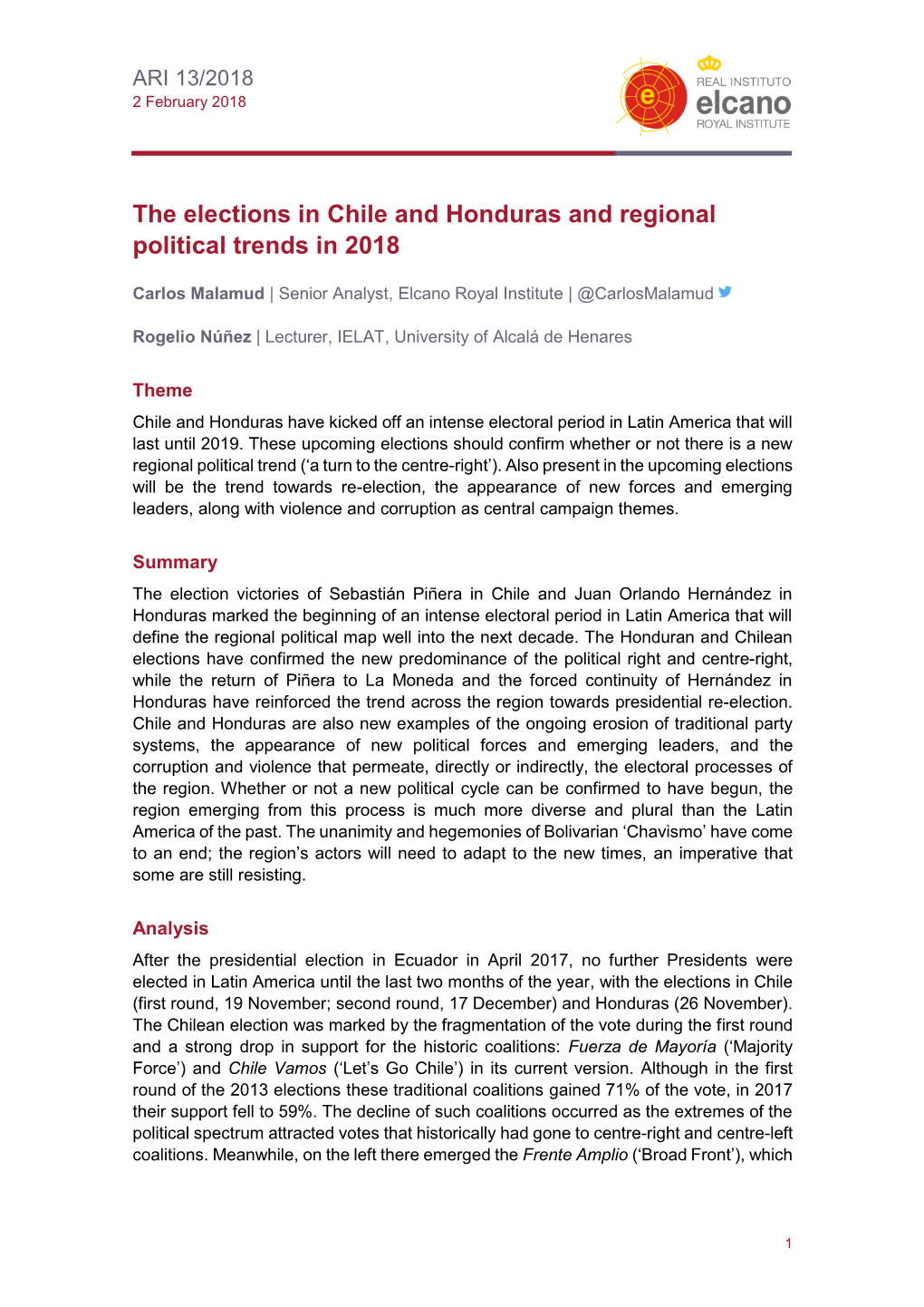 The Elections in Chile and Honduras and Regional Political Trends in 2018