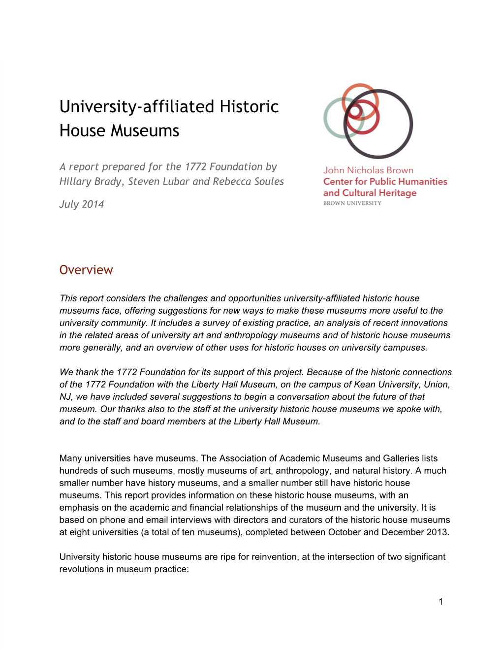 A Report on Best Practices in University-Affiliated Historic House