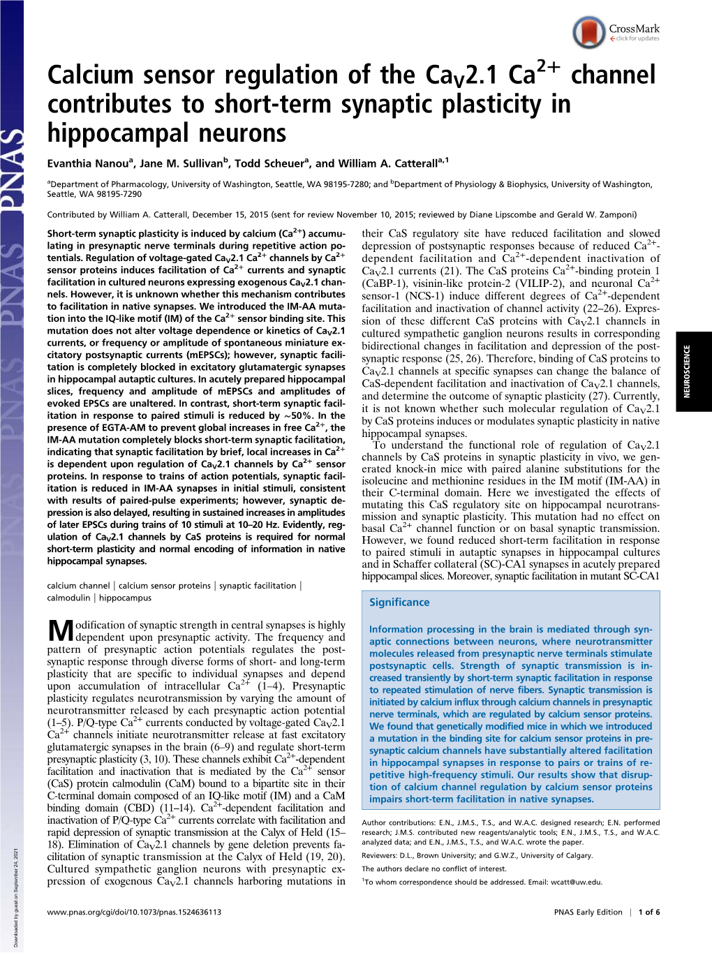 Calcium Sensor Regulation of the Cav2.1 Ca Channel Contributes to Short-Term Synaptic Plasticity in Hippocampal Neurons