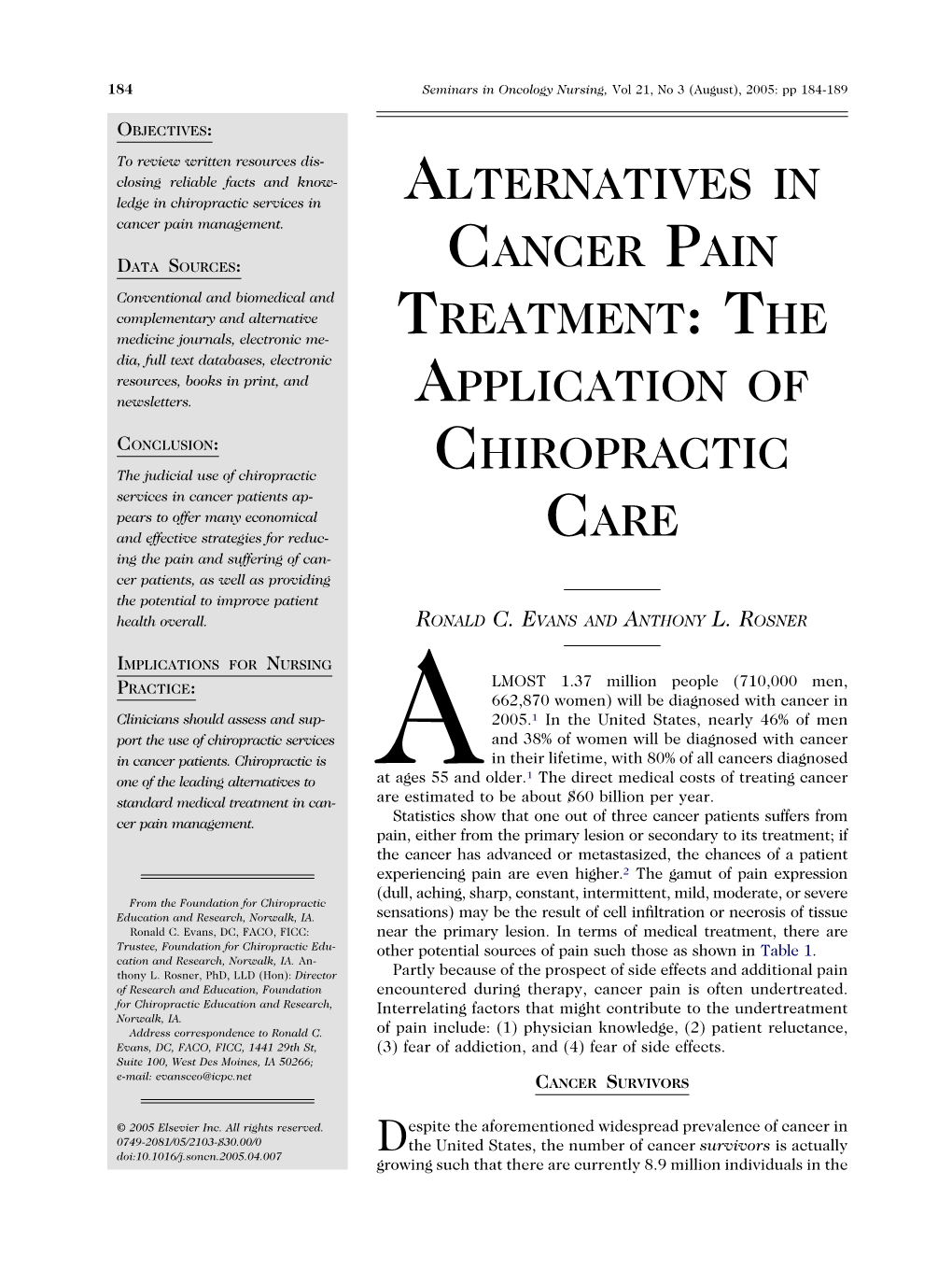 Alternatives in Cancer Pain Treatment 185