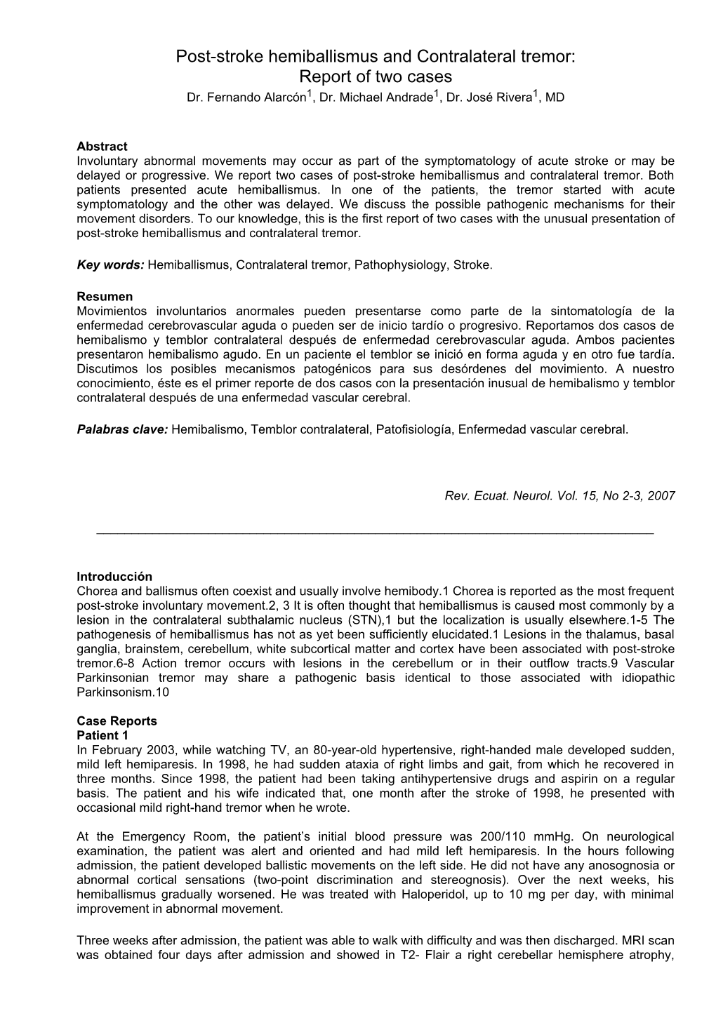 Poststroke Hemiballismus and Contralateral Tremor: Report of Two