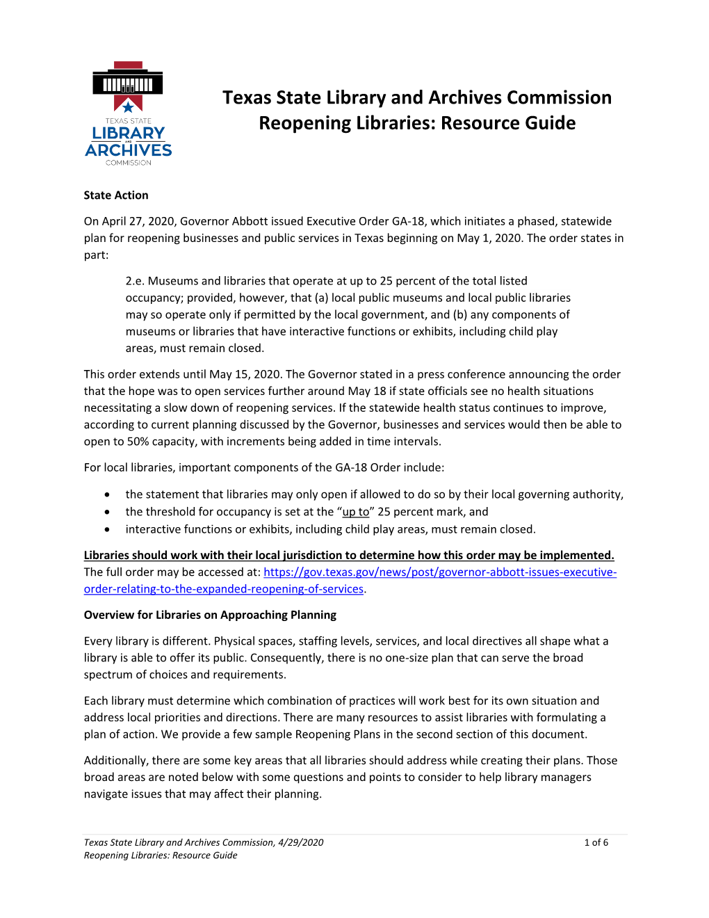 Texas State Library and Archives Commission Reopening Libraries: Resource Guide