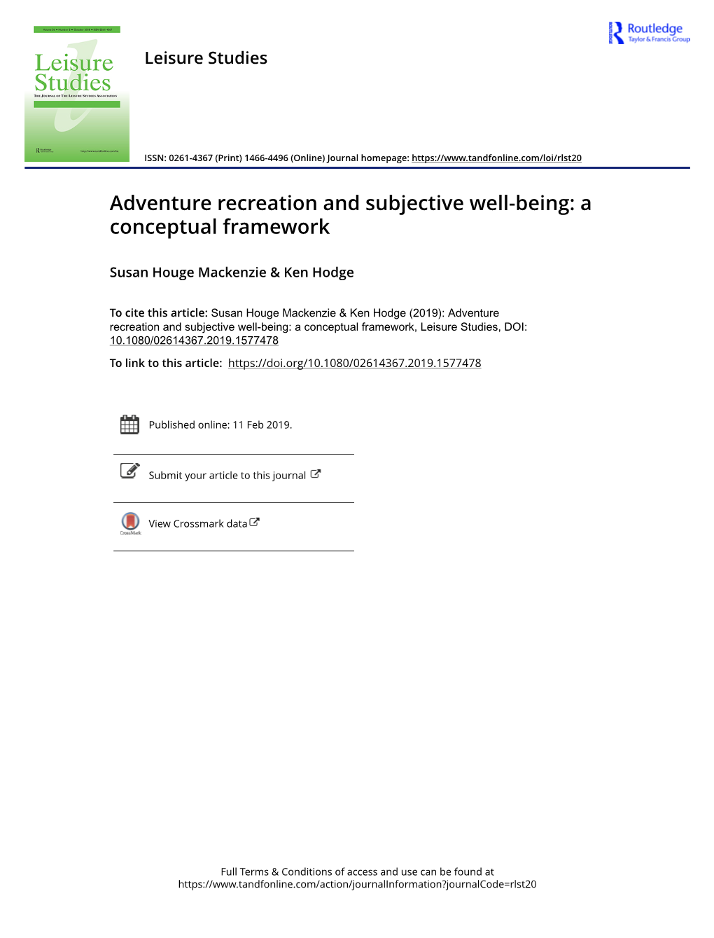 Adventure Recreation and Subjective Well-Being: a Conceptual Framework