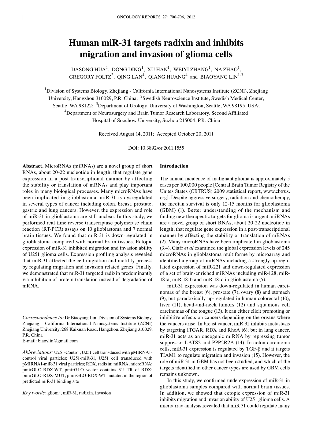 Human Mir-31 Targets Radixin and Inhibits Migration and Invasion of Glioma Cells