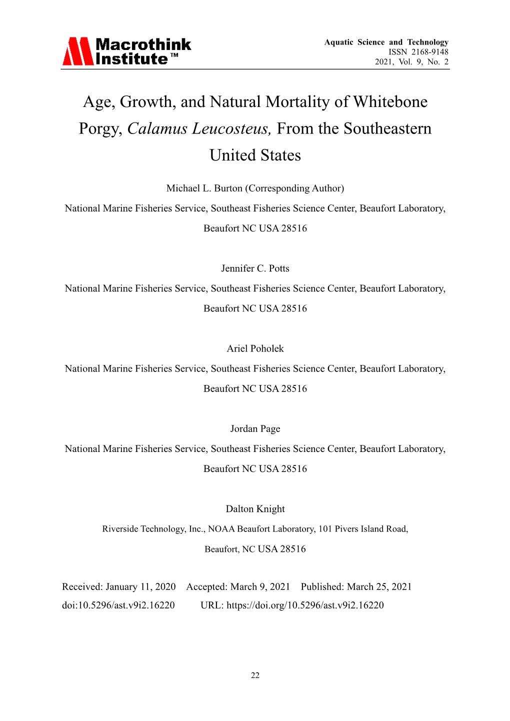 Age, Growth, and Natural Mortality of Whitebone Porgy, Calamus Leucosteus, from the Southeastern United States