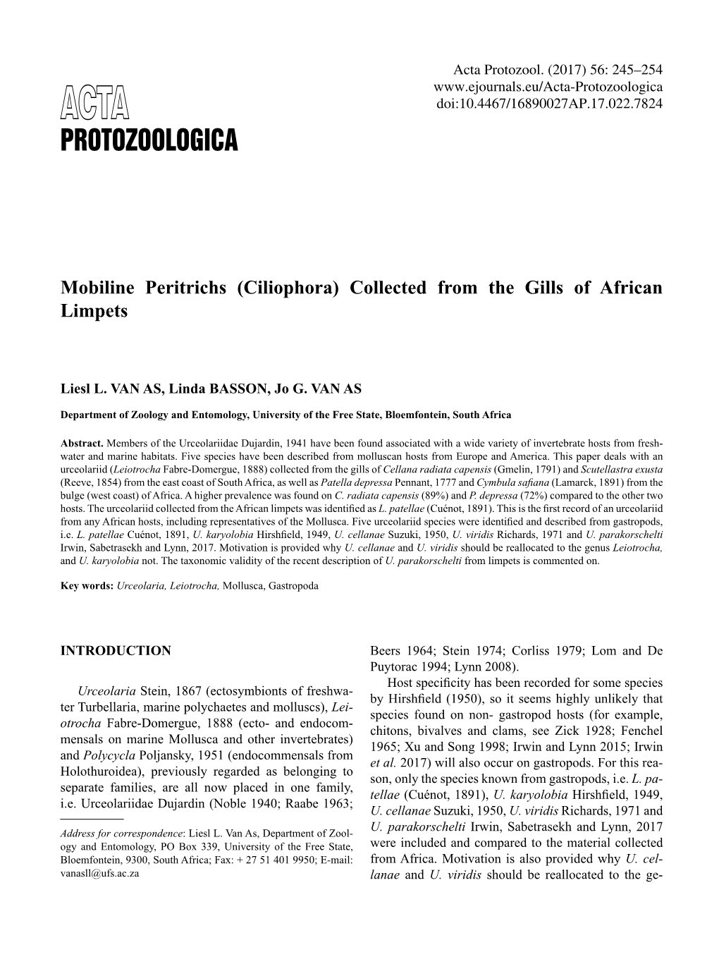 Mobiline Peritrichs (Ciliophora) Collected from the Gills of African Limpets