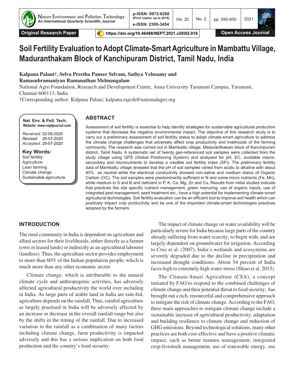 Soil Fertility Evaluation to Adopt Climate-Smart Agriculture in Mambattu Village, Maduranthakam Block of Kanchipuram District, Tamil Nadu, India