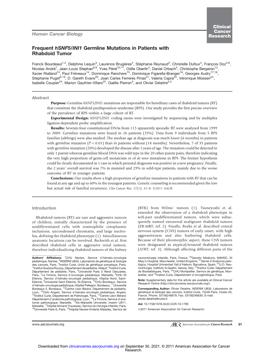 Frequent Hsnf5/INI1 Germline Mutations in Patients with Rhabdoid Tumor