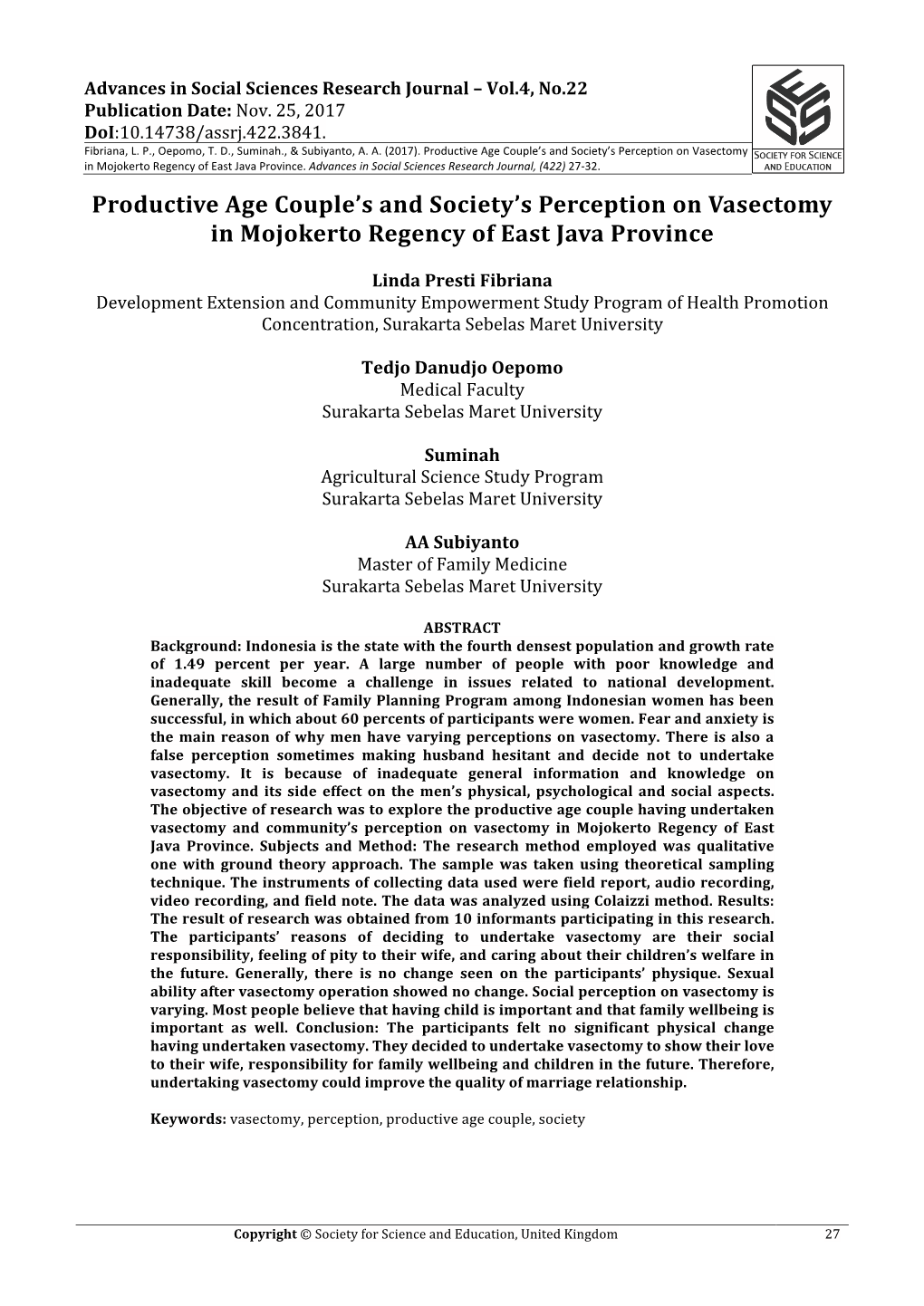Productive Age Couple's and Society's Perception on Vasectomy in Mojokerto Regency of East Java Province