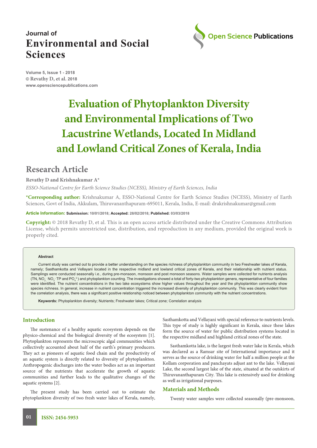 Evaluation of Phytoplankton Diversity and Environmental Implications of Two Lacustrine Wetlands, Located in Midland and Lowland Critical Zones of Kerala, India