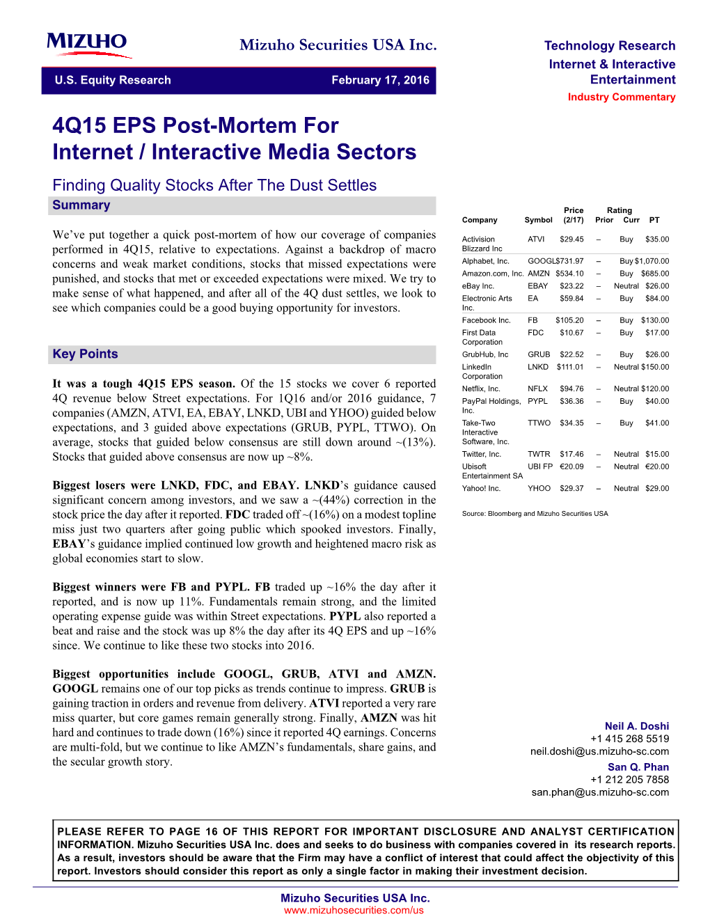 4Q15 EPS Post-Mortem for Internet / Interactive Media Sectors