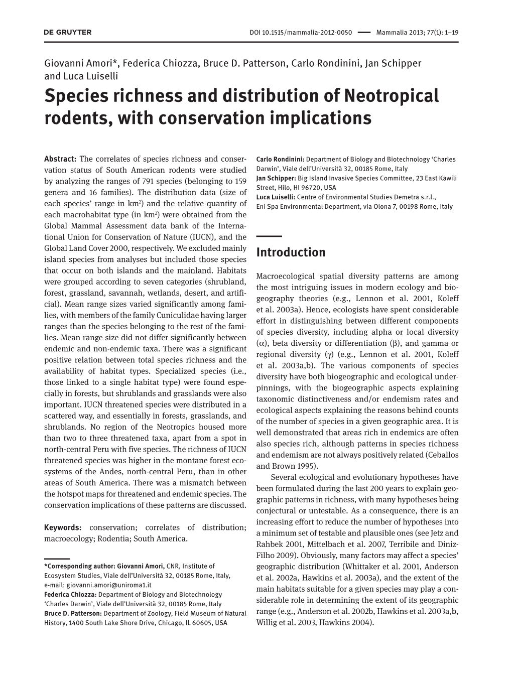 Species Richness and Distribution of Neotropical Rodents, with Conservation Implications