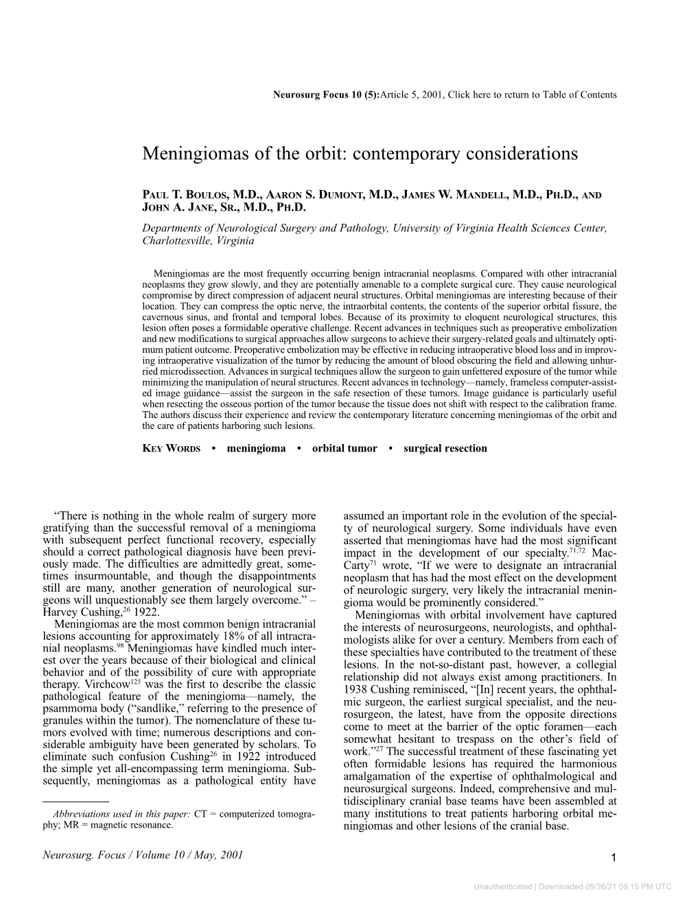 Meningiomas of the Orbit: Contemporary Considerations