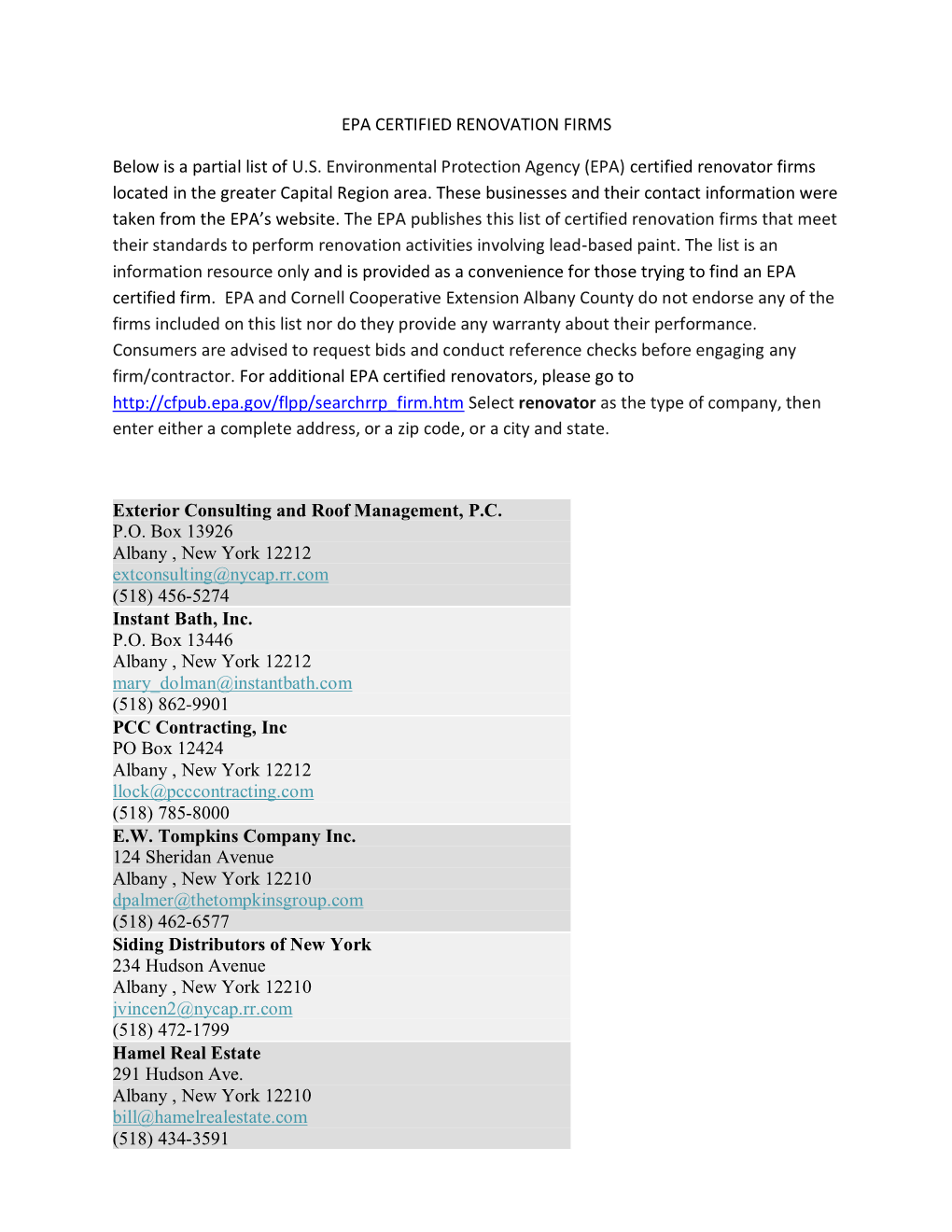 EPA CERTIFIED RENOVATION FIRMS Below Is a Partial List of US Environmental Protection Agency