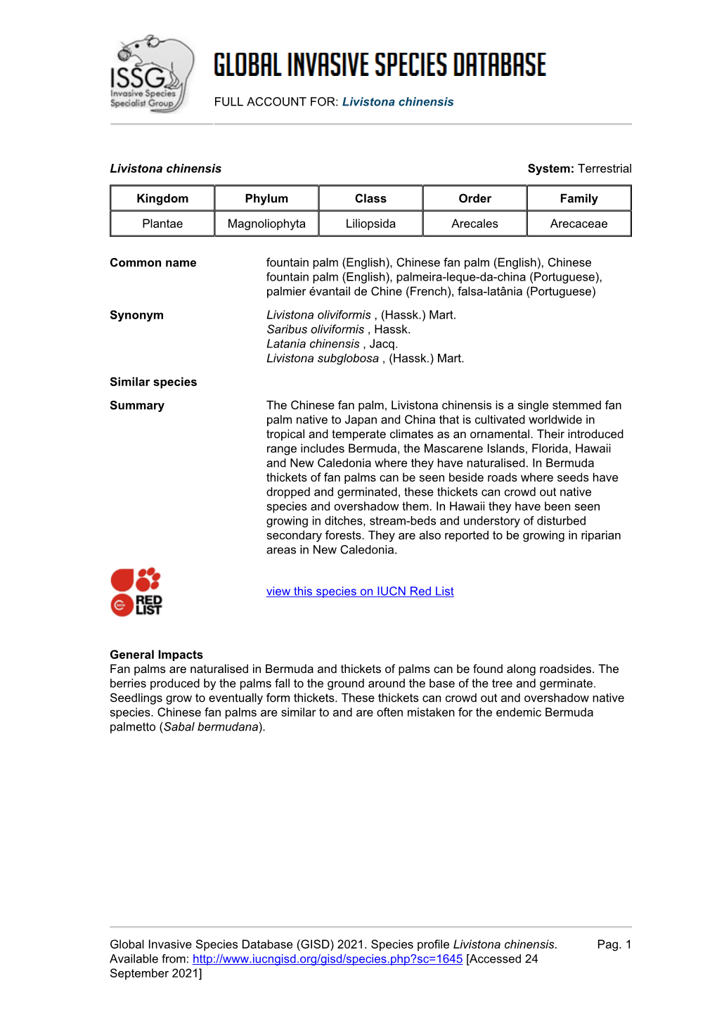 (GISD) 2021. Species Profile Livistona Chinensis. Availab
