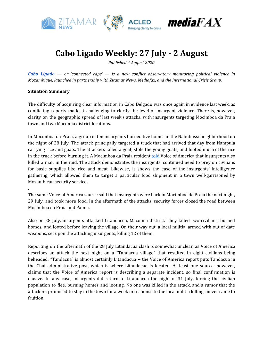 Cabo Ligado Weekly: 27 July - 2 August Published 4 August 2020