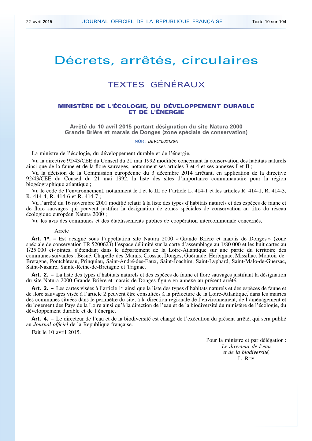 JOURNAL OFFICIEL DE LA RÉPUBLIQUE FRANÇAISE Texte 10 Sur 104