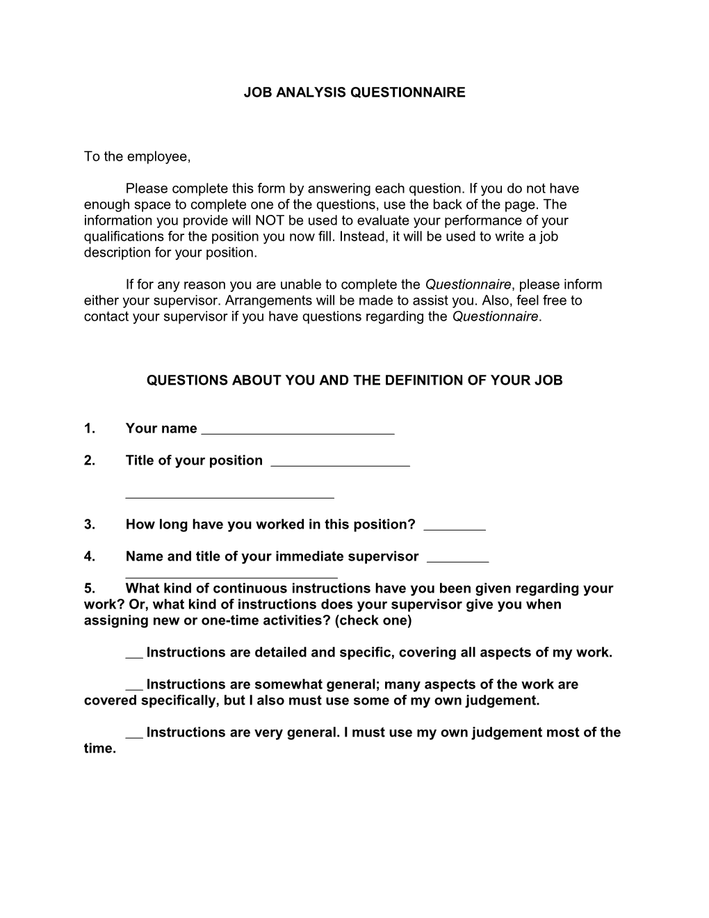 Job Analysis Questionnaire