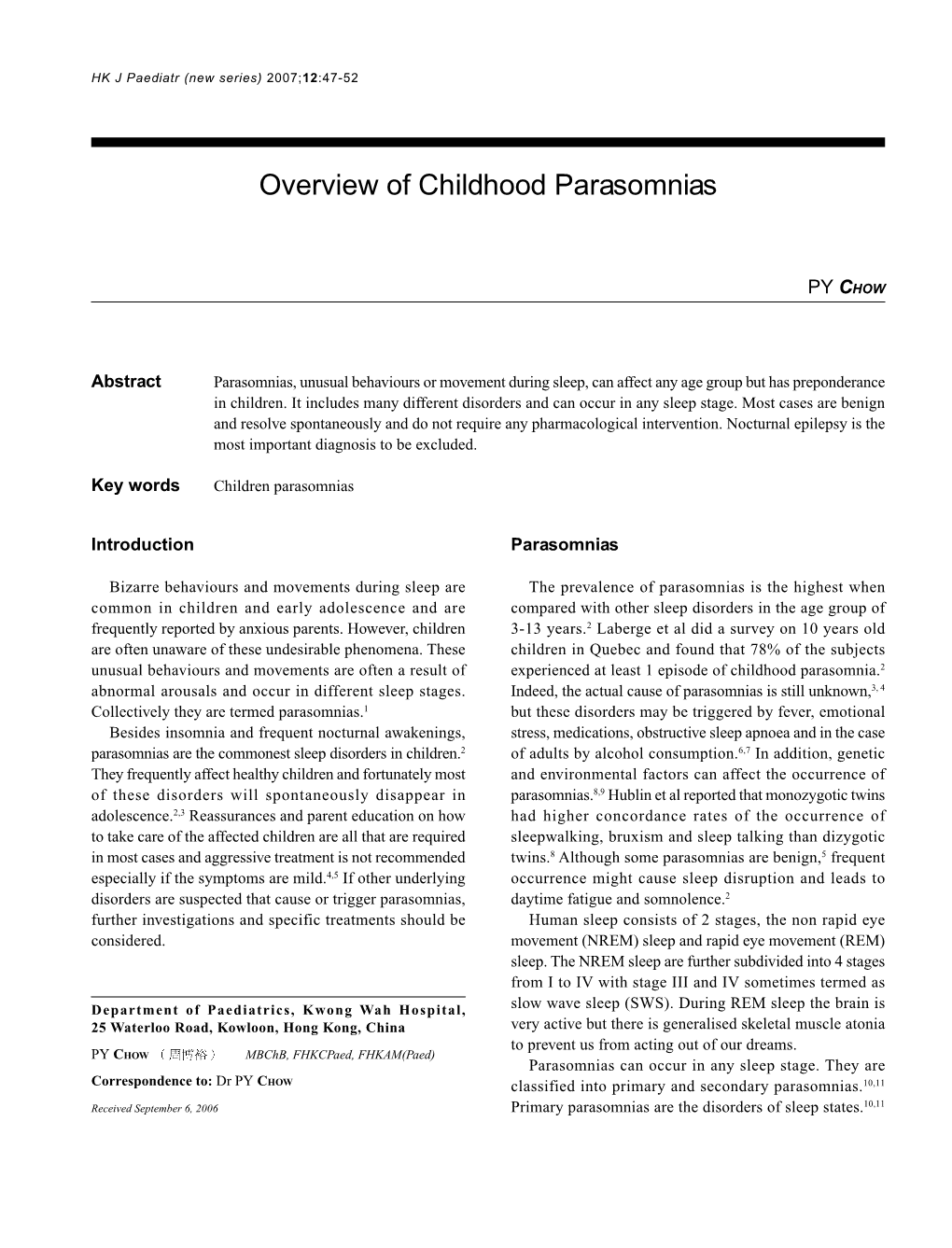 Overview of Childhood Parasomnias