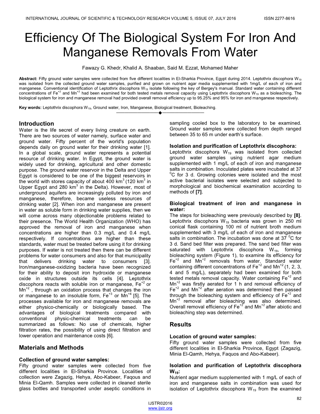 Efficiency of the Biological System for Iron and Manganese Removals from Water