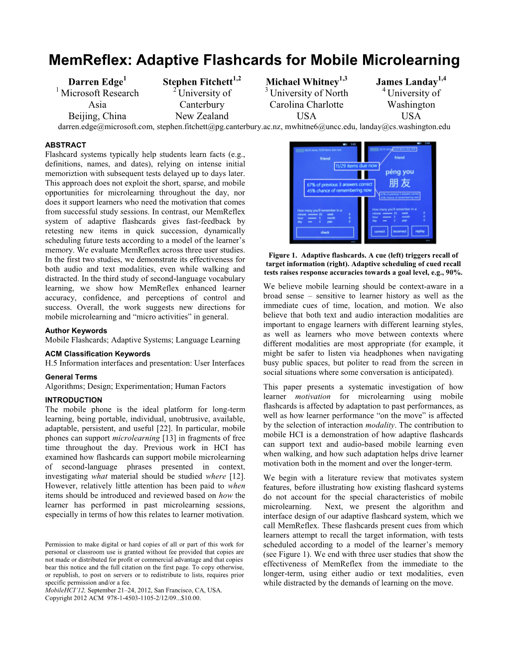 Memreflex: Adaptive Flashcards for Mobile Microlearning