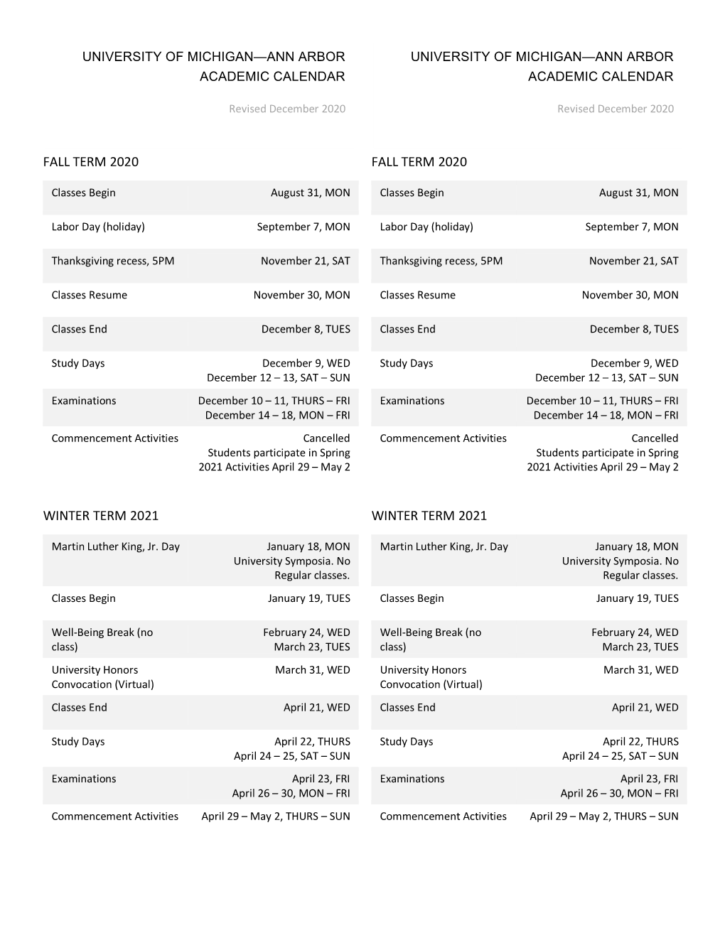 Academic Calendar Academic Calendar