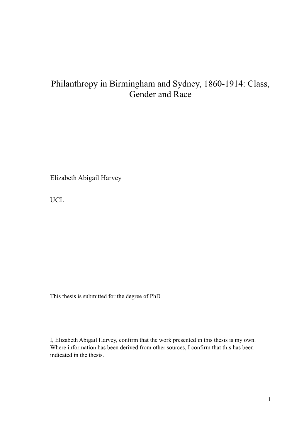 Philanthropy in Birmingham and Sydney, 1860-1914: Class, Gender and Race