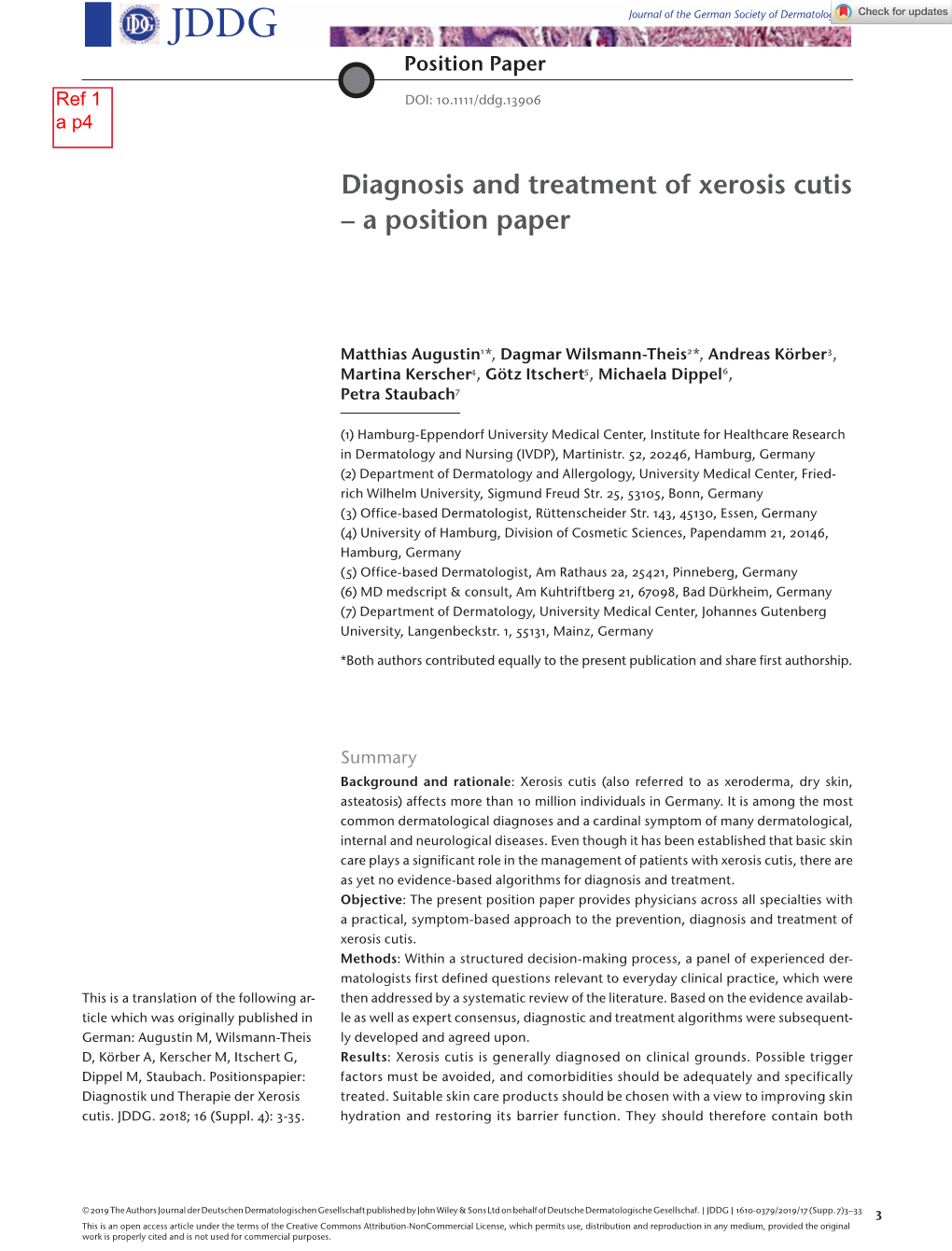 Diagnosis and Treatment of Xerosis Cutis – a Position Paper