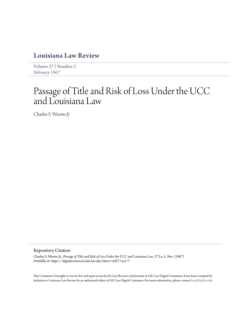 Passage of Title and Risk of Loss Under the UCC and Louisiana Law Charles S