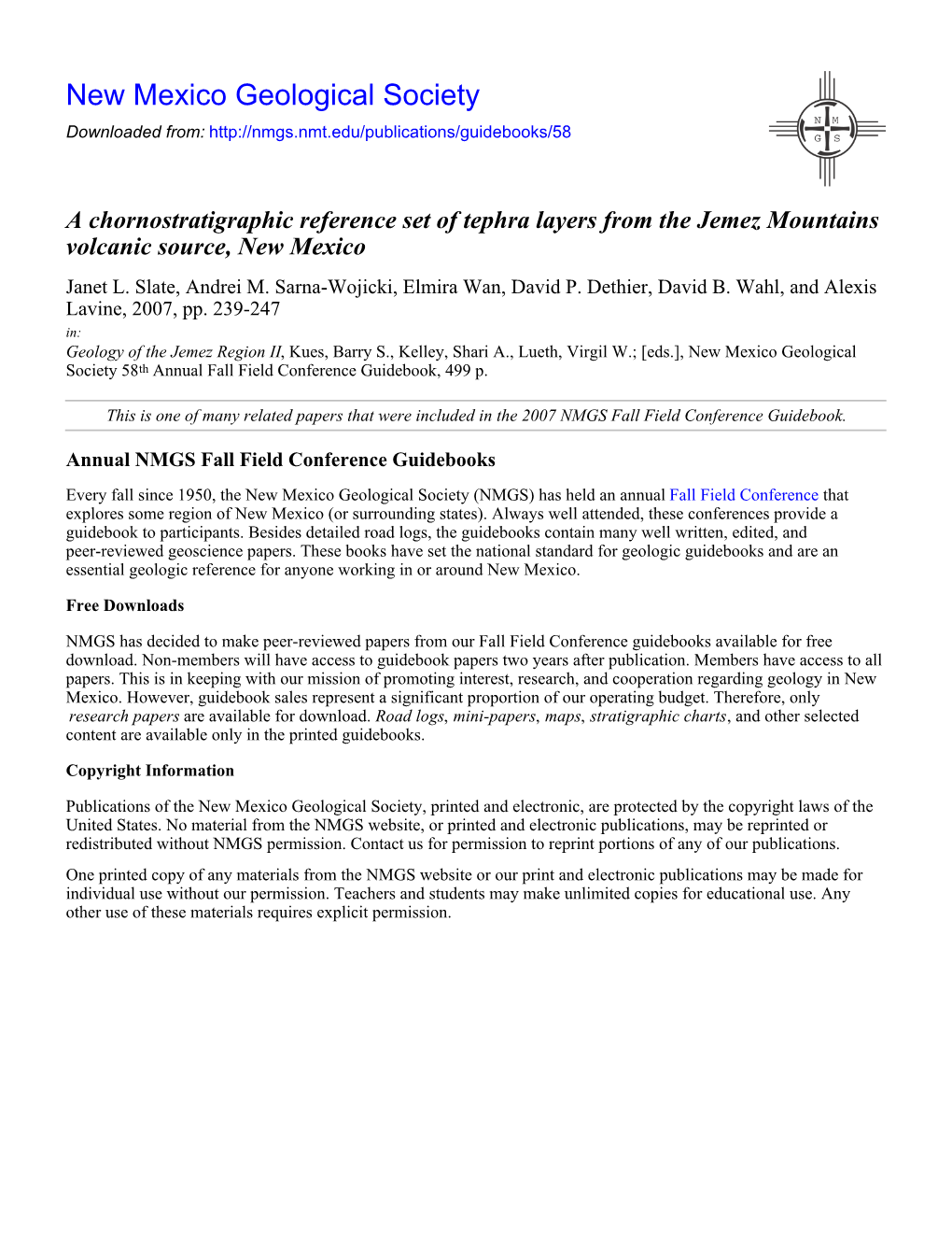 A Chornostratigraphic Reference Set of Tephra Layers from the Jemez Mountains Volcanic Source, New Mexico Janet L