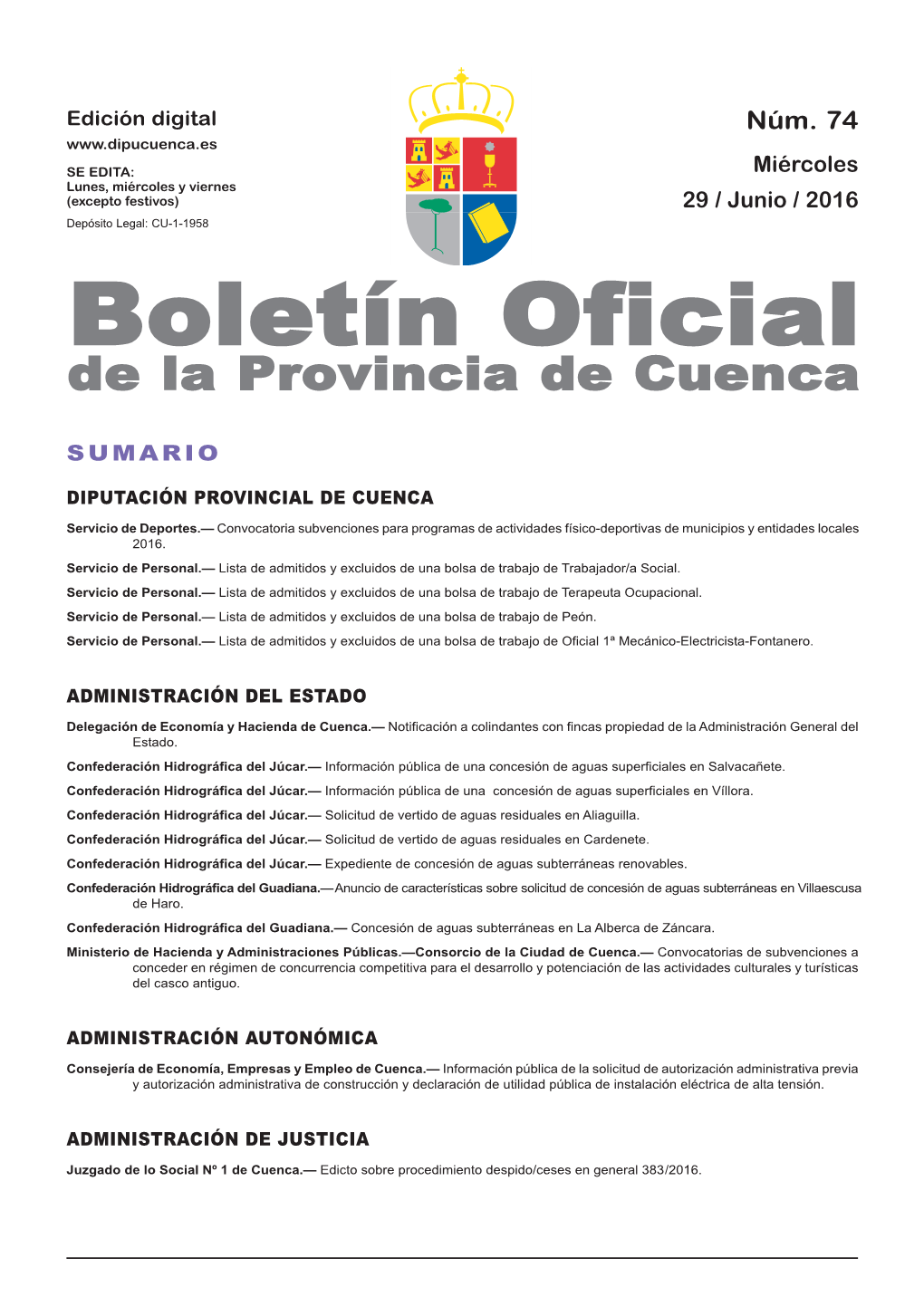 Boletín Oficial De La Provincia De Cuenca Sumario Diputación Provincial De Cuenca