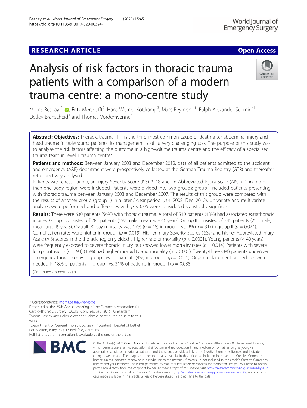 Analysis of Risk Factors in Thoracic Trauma Patients with a Comparison