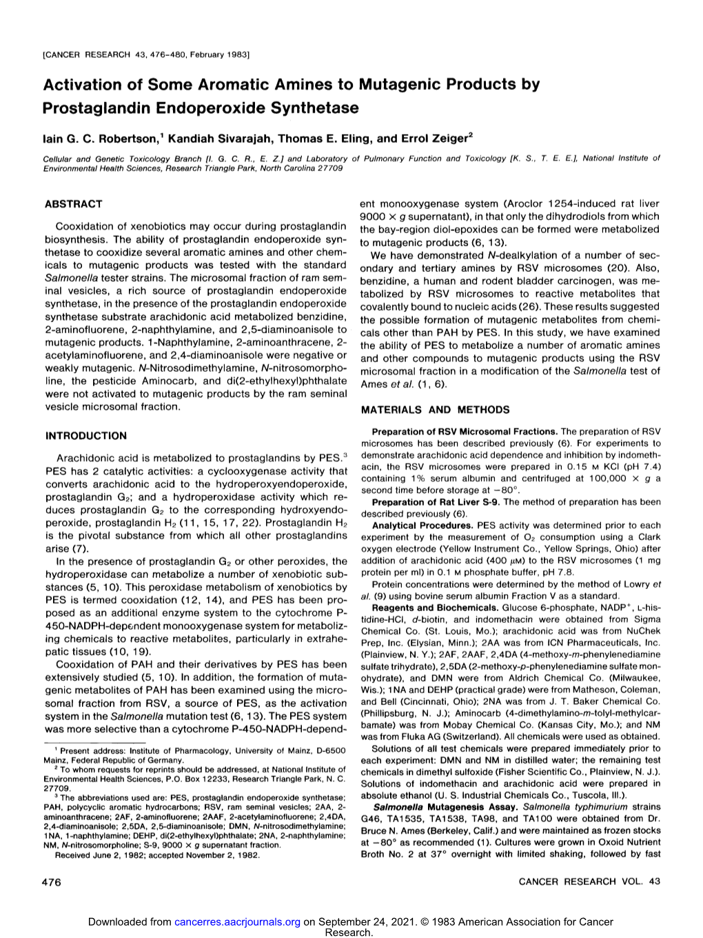 Activation of Some Aromatic Amines to Mutagenic Products by Prostaglandin Endoperoxide Synthetase