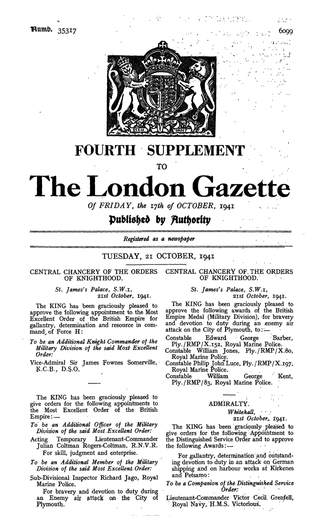 The London Gazette of FRIDAY, the Ijth of OCTOBER, 1941