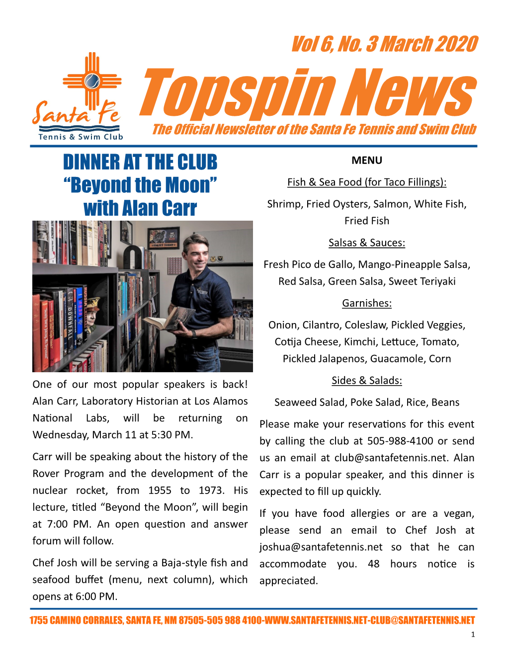 March 2020 Topspin News the Official Newsletter of the Santa Fe Tennis and Swim Club