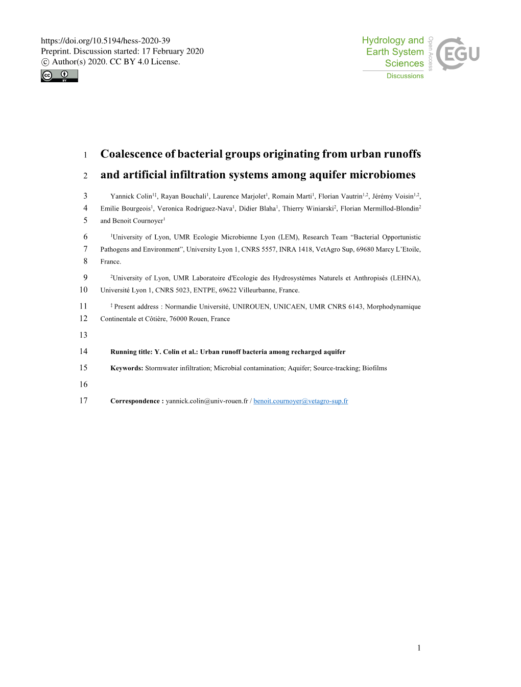 Coalescence of Bacterial Groups Originating from Urban Runoffs And