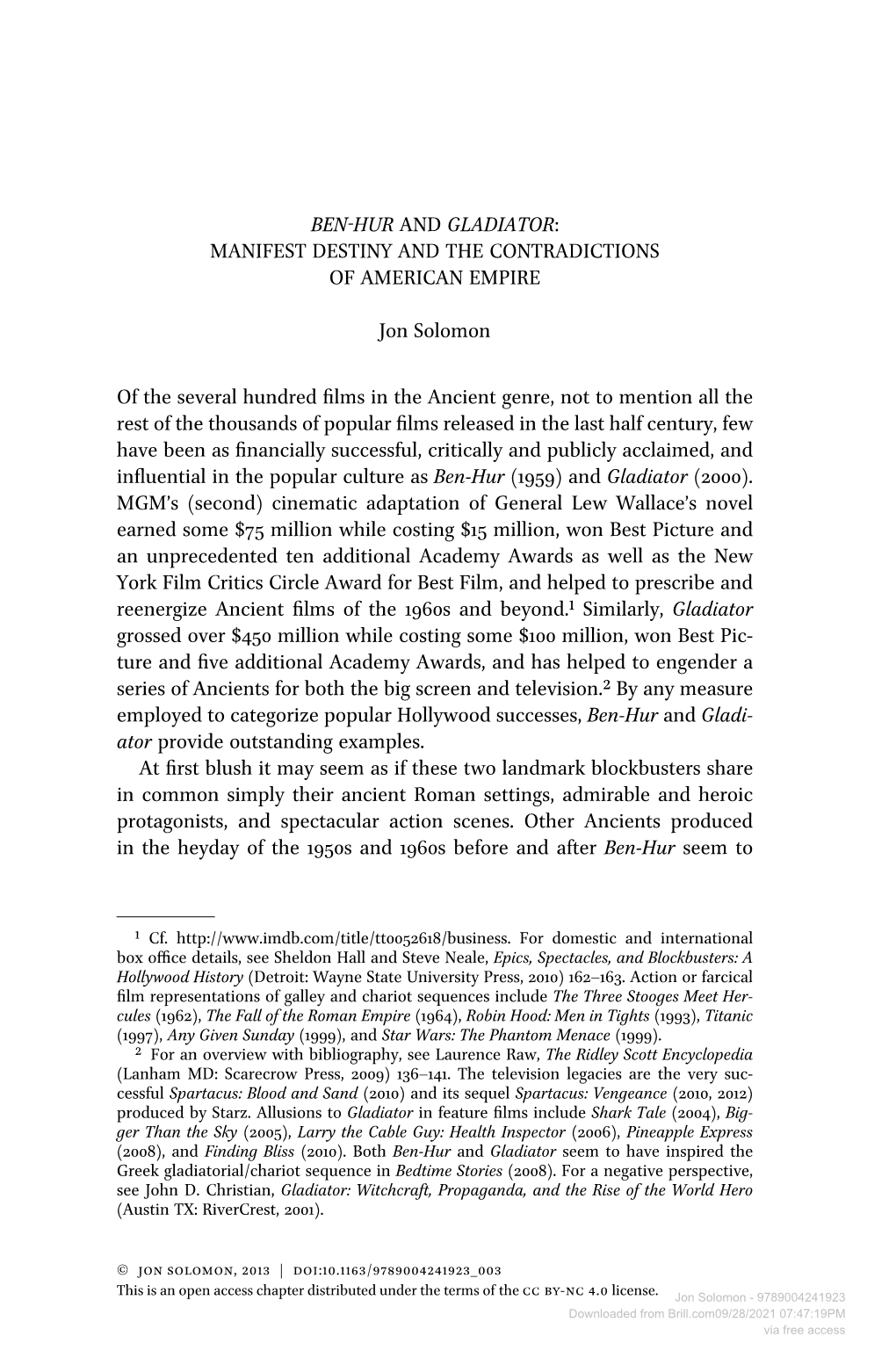 Ben-Hur and Gladiator: Manifest Destiny and the Contradictions of American Empire