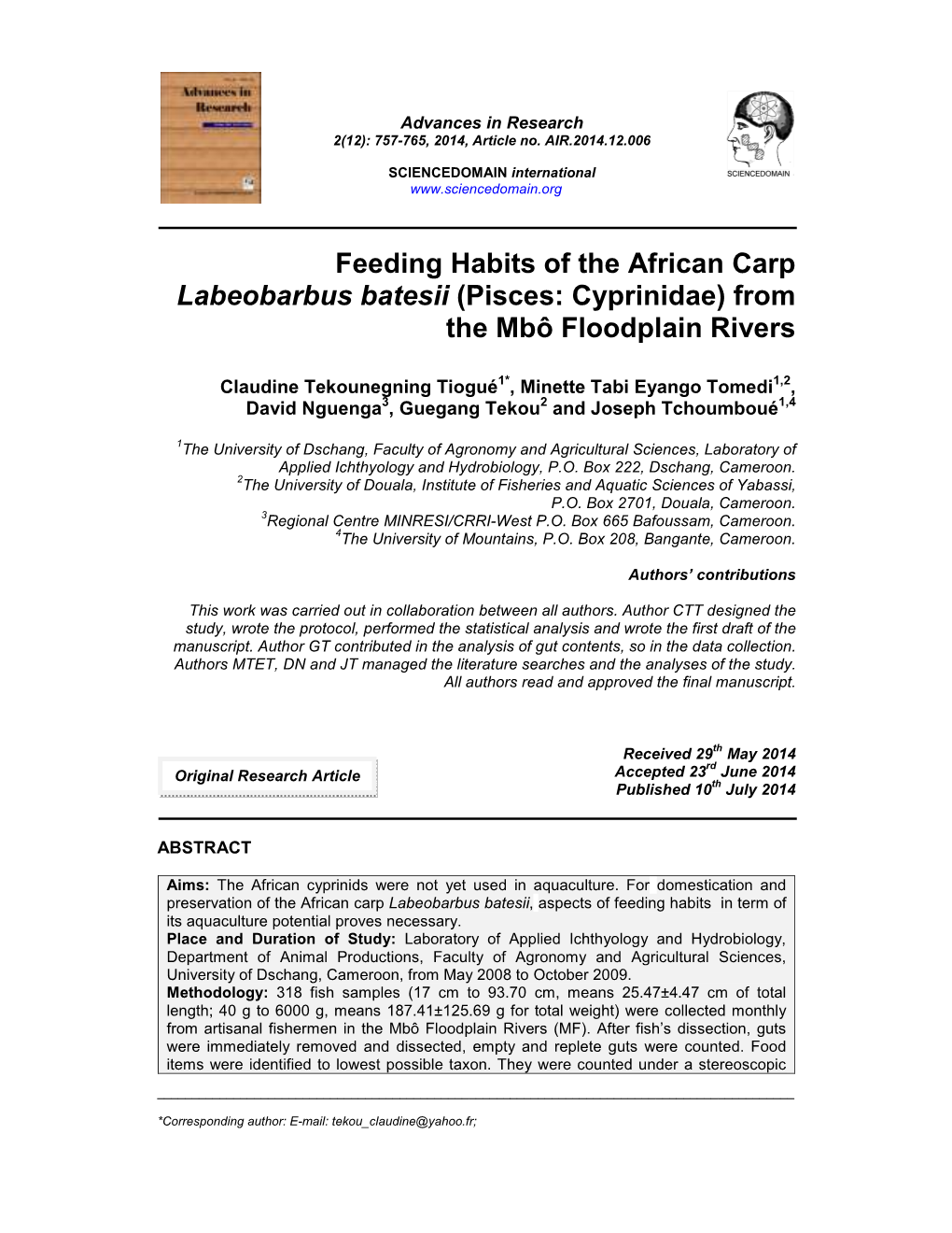 Feeding Habits of the African Carp Labeobarbus Batesii (Pisces: Cyprinidae) from the Mbô Floodplain Rivers