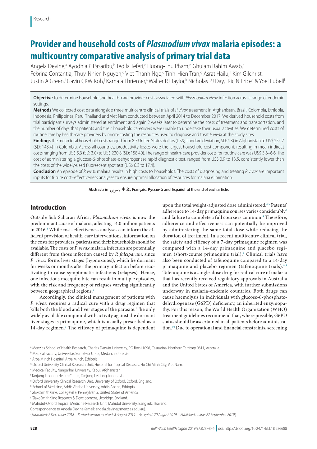 Provider and Household Costs of Plasmodium Vivaxmalaria Episodes