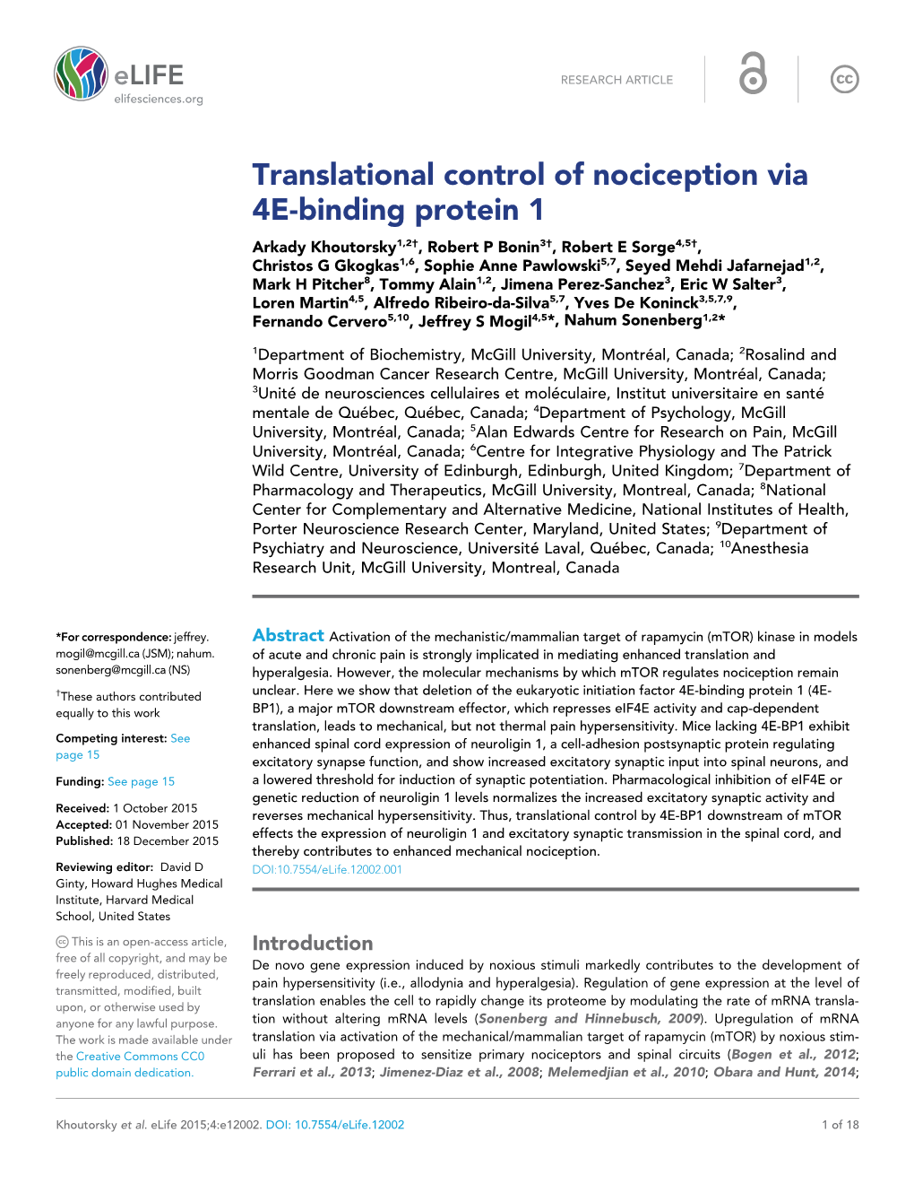 Translational Control of Nociception Via 4E-Binding Protein 1