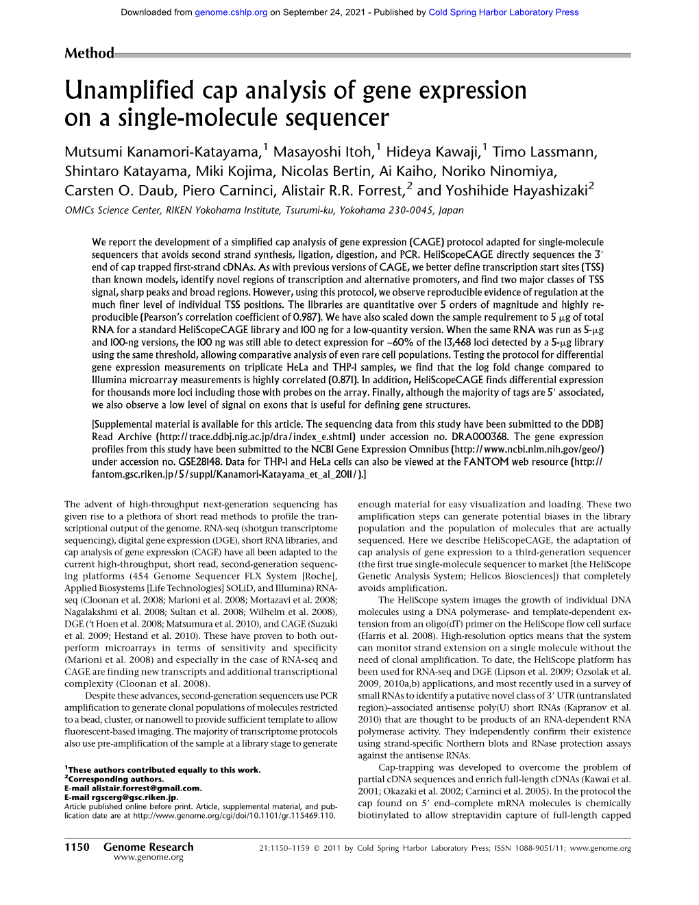 Unamplified Cap Analysis of Gene Expression on a Single-Molecule Sequencer