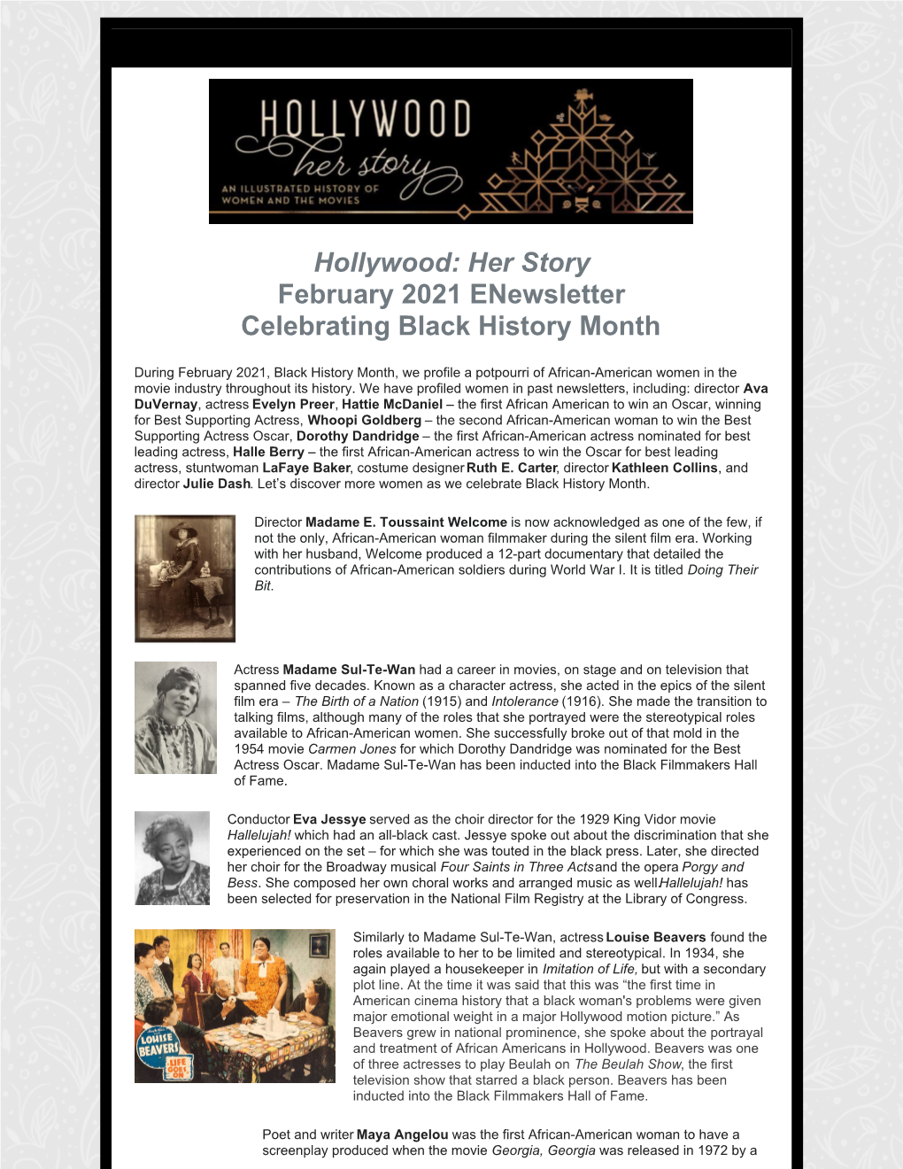 Hollywood: Her Story February 2021 Enewsletter Celebrating Black History Month