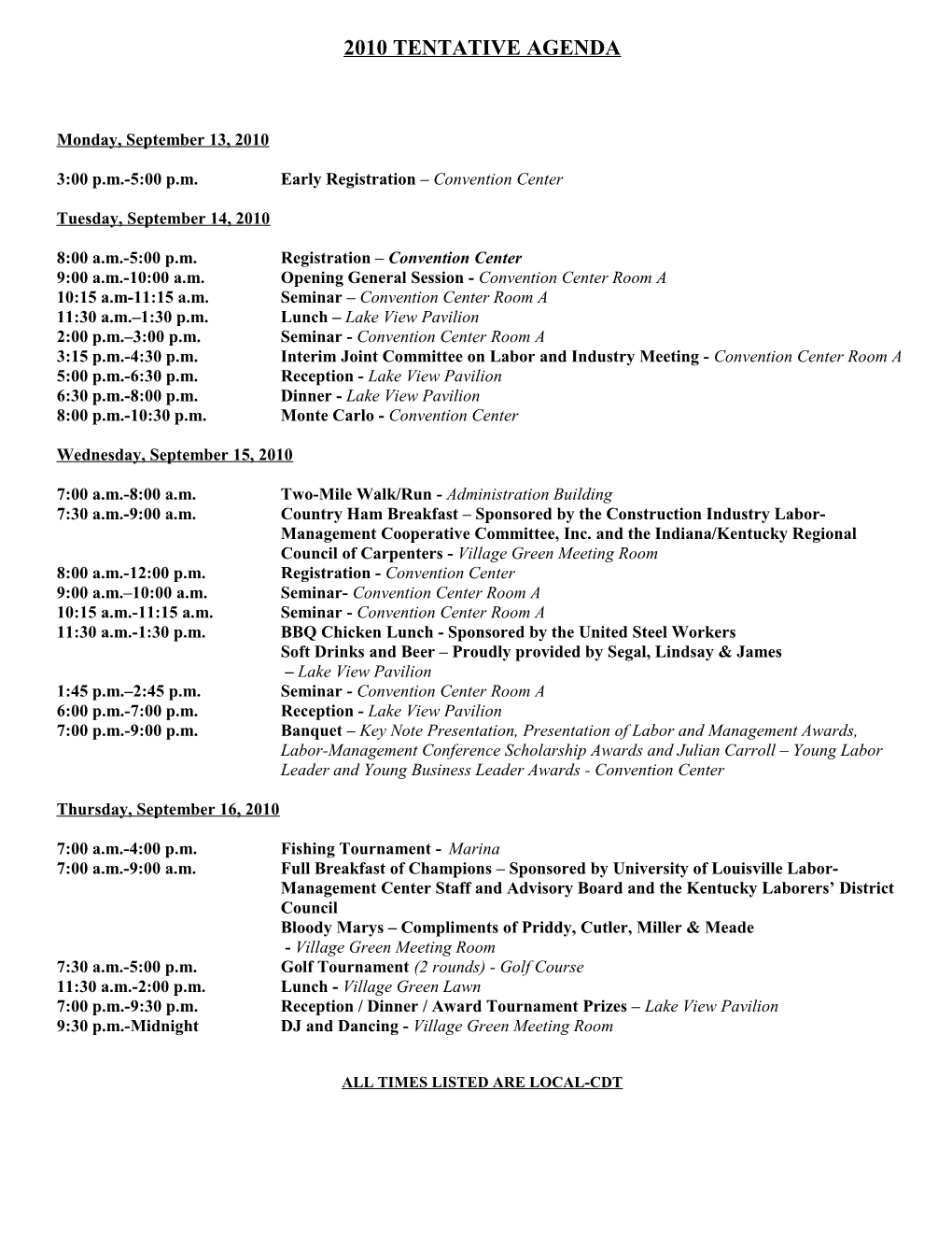 2010 Tentative Agenda